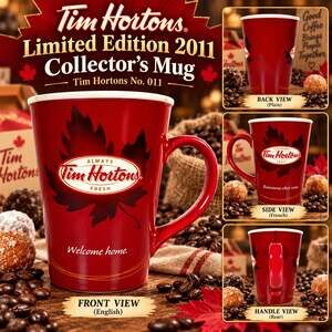 TIM HORTONS 2011 Limited Edition No 011 Red Maple Leaf Coffee Mug Welcome Home